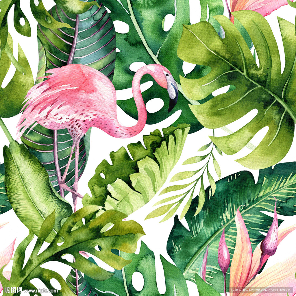 热带植物火烈鸟图案组合设计