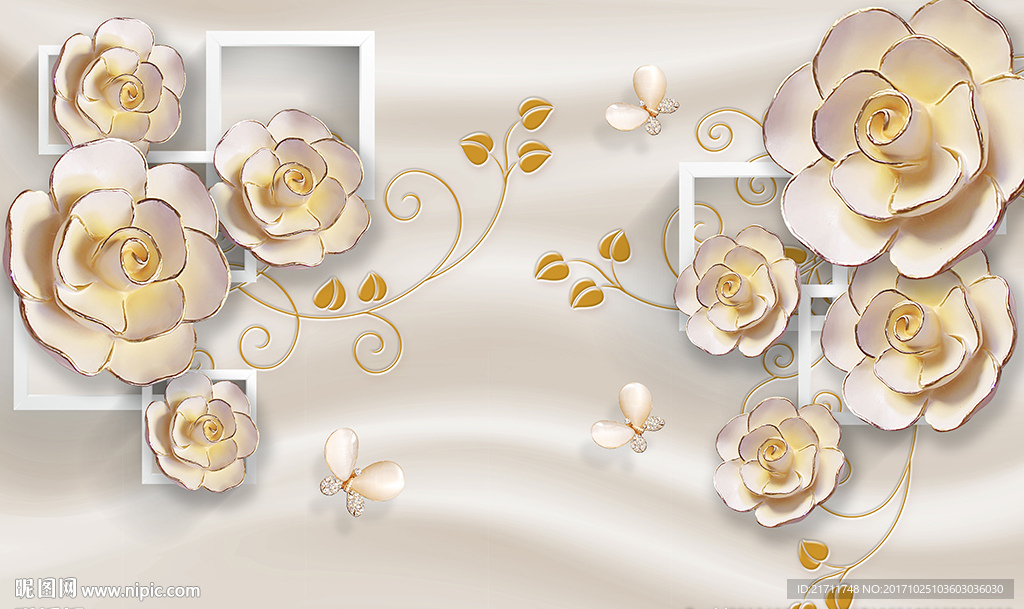 木雕玫瑰简约框框蝴蝶电视背景墙