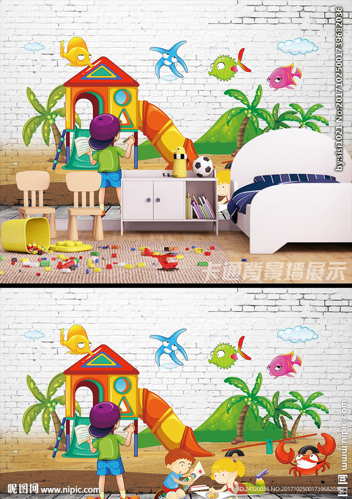 手绘卡通沙滩装饰画