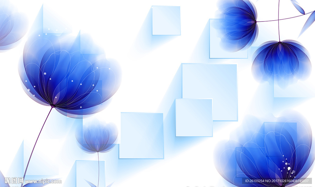 梦幻蓝色花卉简约砖墙电视背景墙