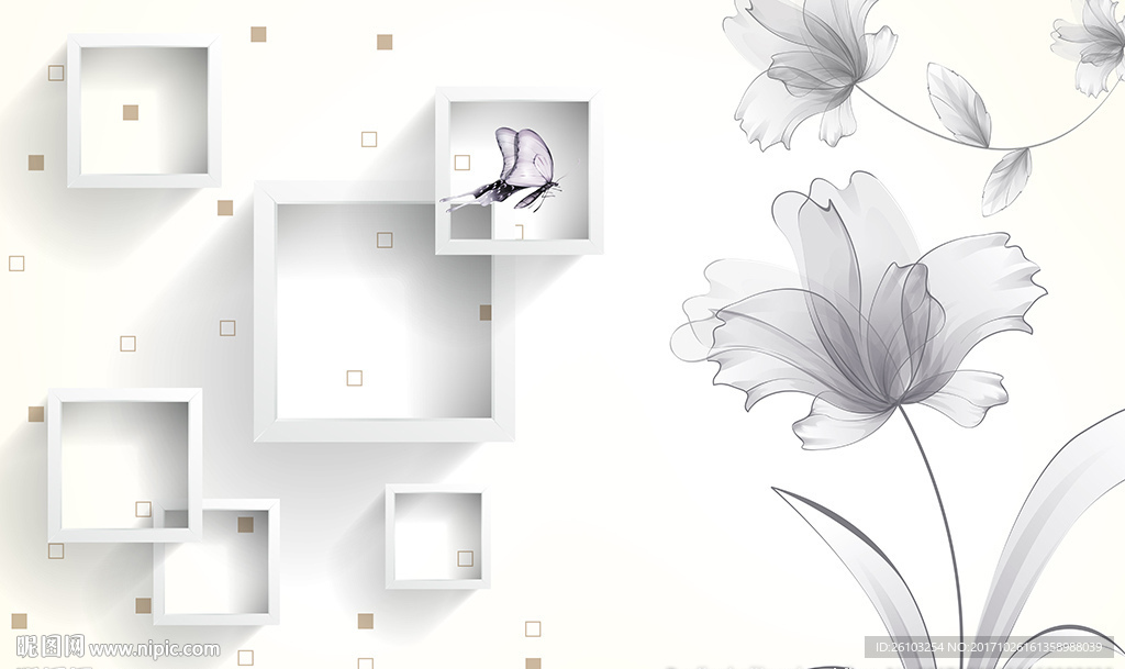 简约花卉蝴蝶框框电视背景墙