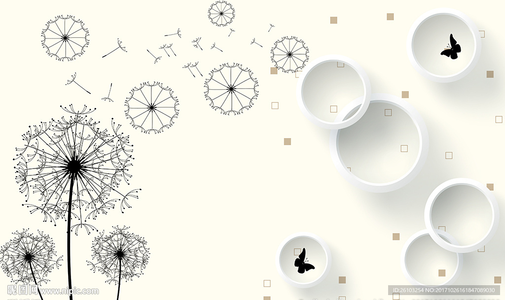 简约蒲公英圈圈蝴蝶电视背景墙