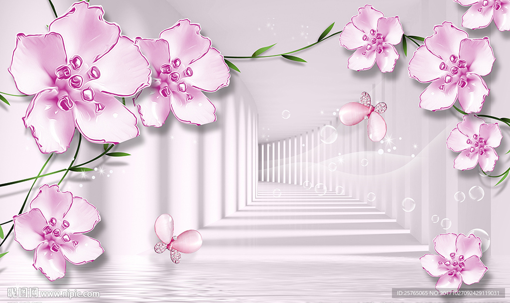 3D空间彩雕花卉蝴蝶电视背景墙