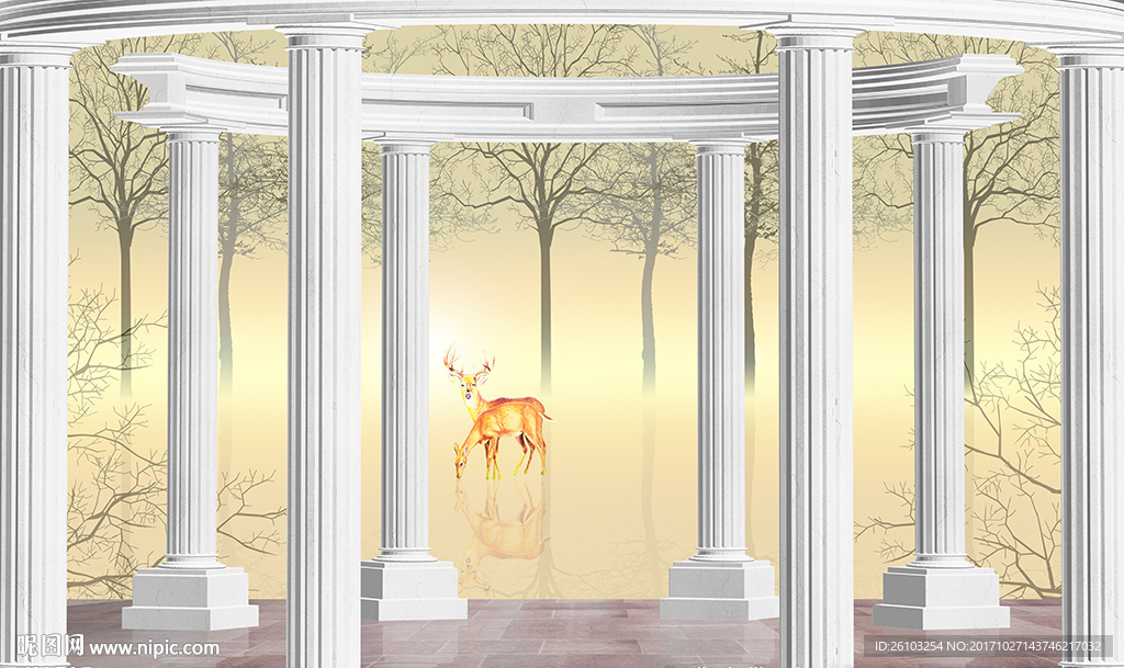 简约树林麋鹿欧式罗马柱电视背景