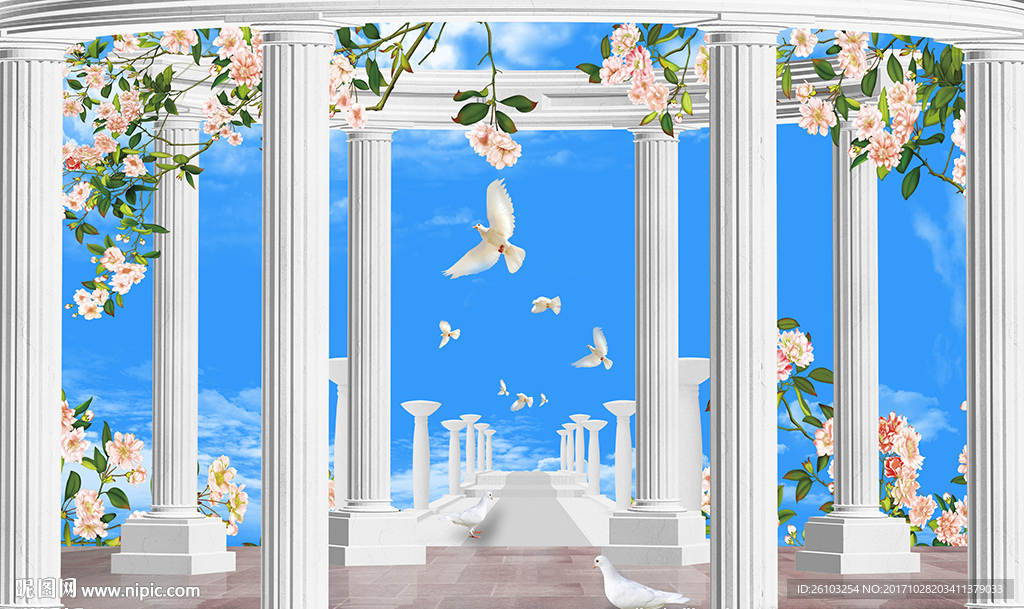 欧式罗马柱蓝天白云花卉电视背景