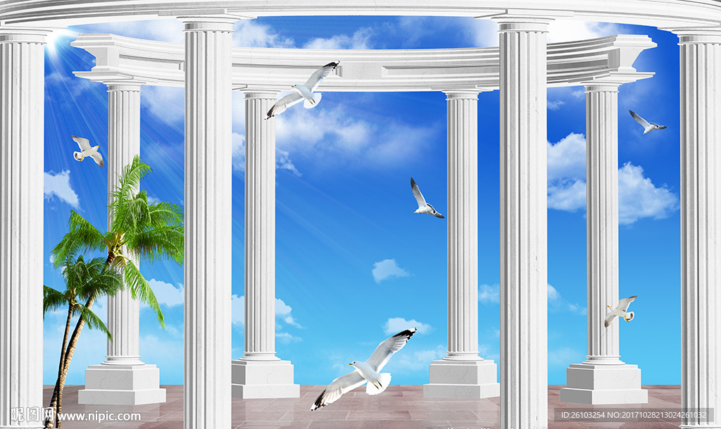 欧式罗马柱蓝天白云椰树电视背景