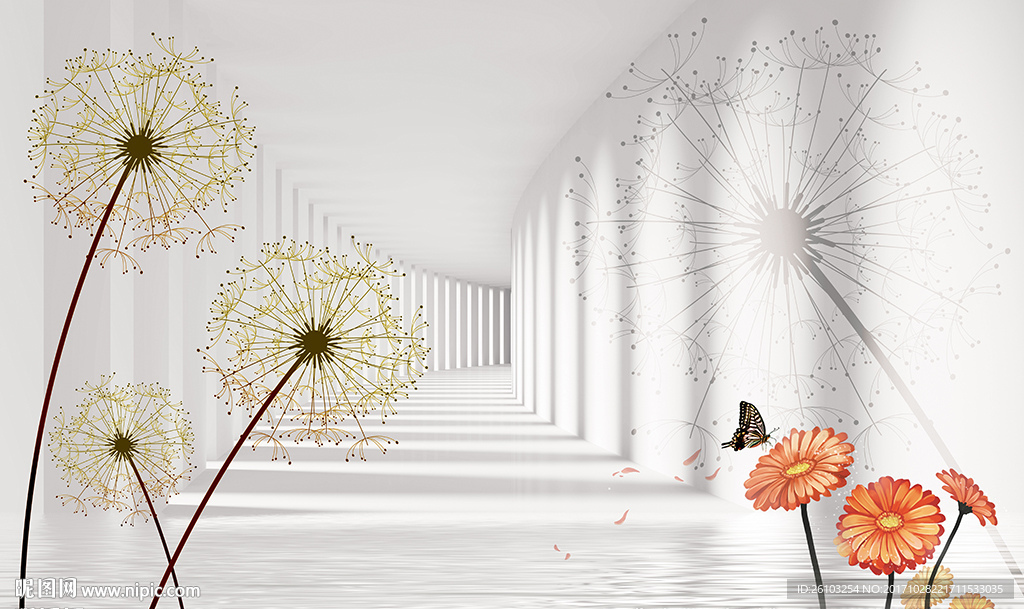 简约蒲公英蝴蝶3D空间电视背景