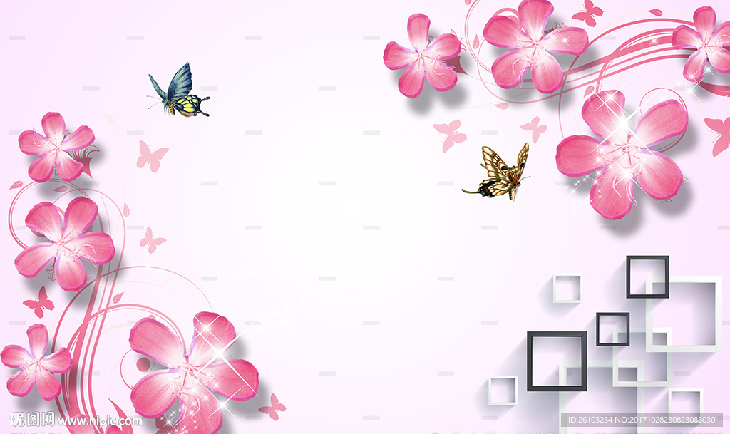 现代花卉简约框框蝴蝶电视背景墙