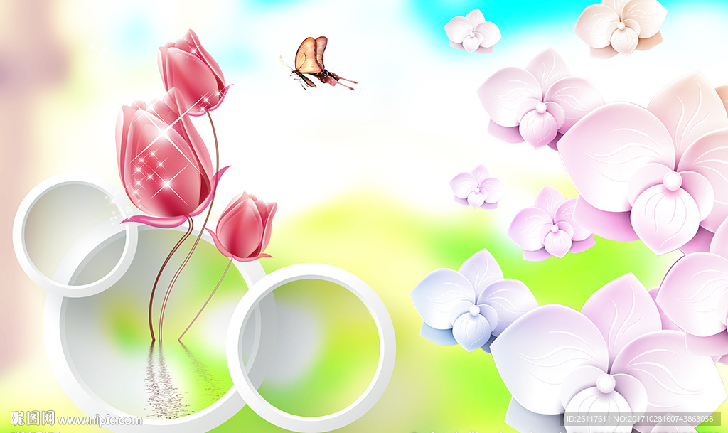 梦幻蝴蝶花卉简约圈圈电视背景墙