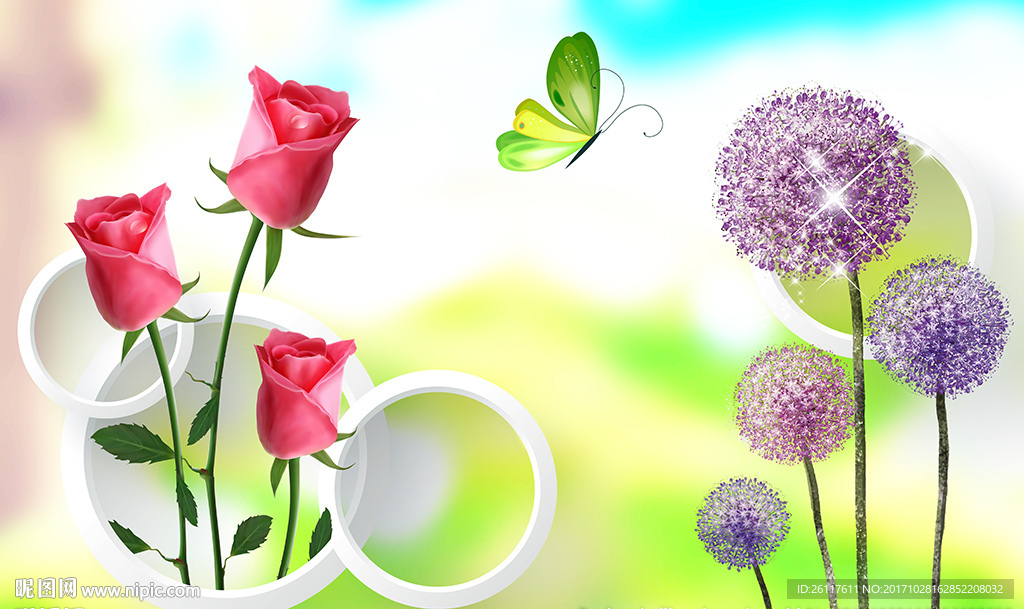 梦幻花卉蝴蝶简约圈圈电视背景墙