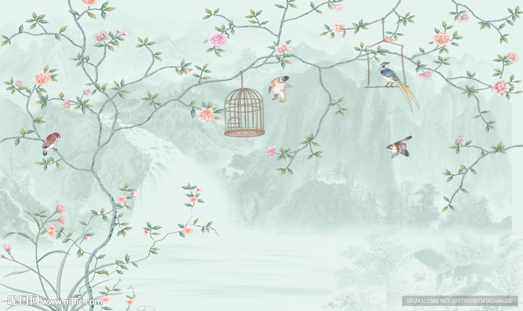 新中式手绘山水花鸟背景墙