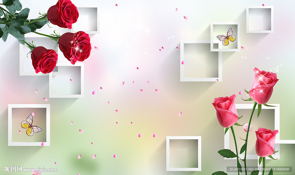 梦幻玫瑰简约框框蝴蝶电视背景墙