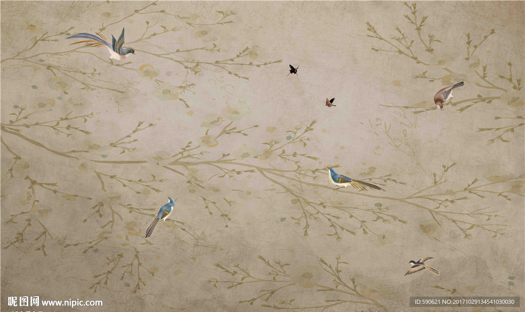 新中式工笔画背景墙