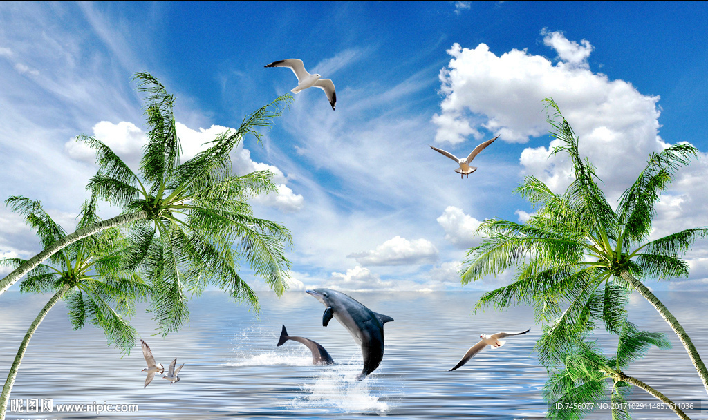 海豚椰树海景背景墙