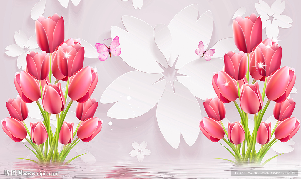 现代郁金香蝴蝶花卉电视背景墙