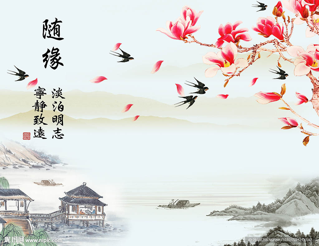 江南春水墨花鸟背景墙