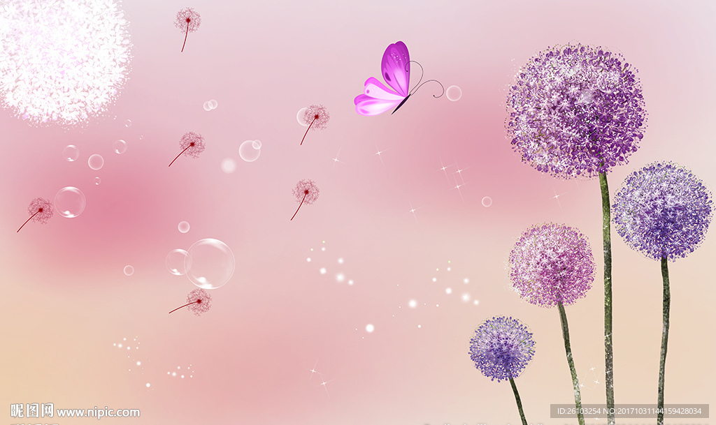 梦幻蒲公英蝴蝶电视背景墙