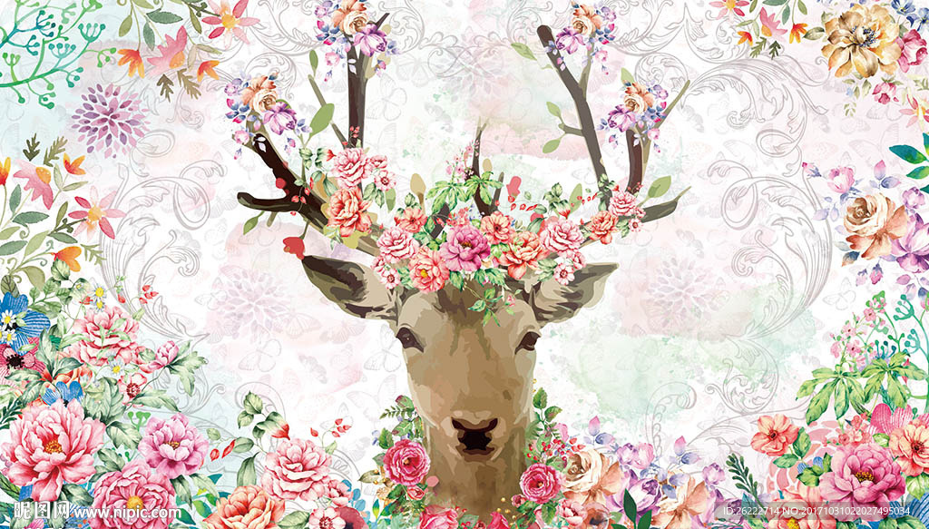 鲜花麋鹿背景墙
