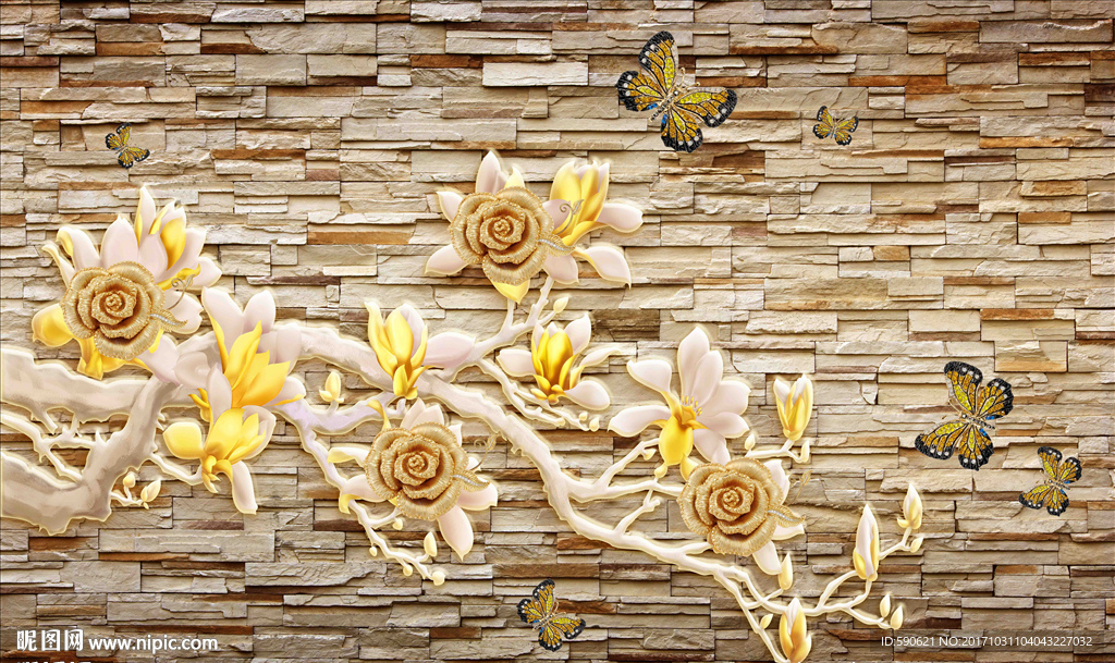 3D玉兰花背景墙壁画