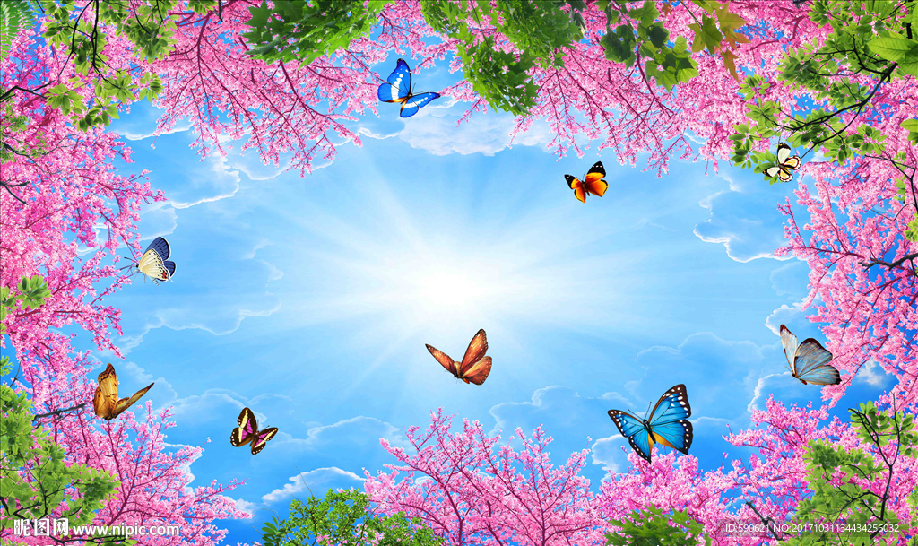 蓝天白云桃花背景墙壁画