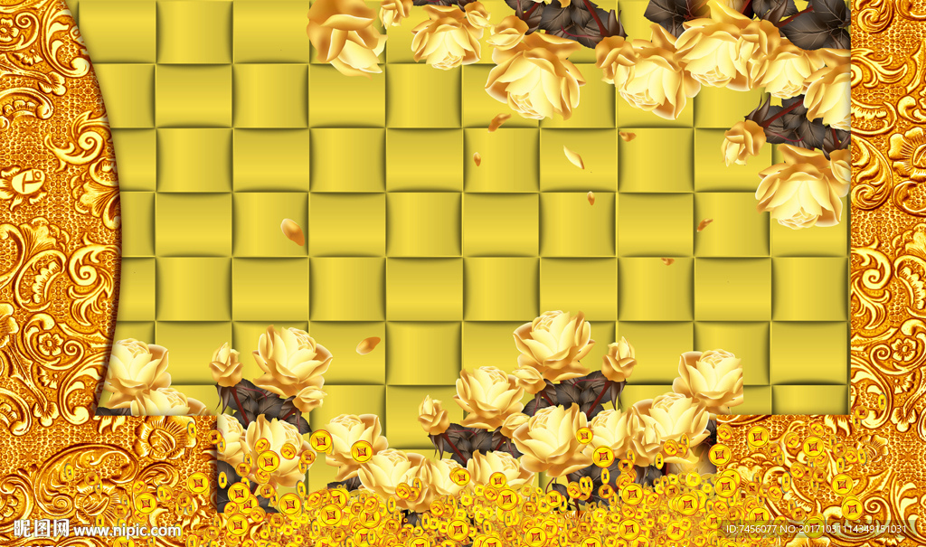 金色高档玫瑰花立体背景墙