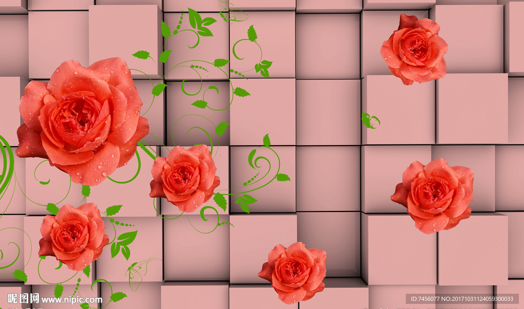 红色玫瑰花浪漫立体背景墙