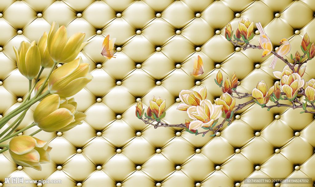 蝶恋花花鸟软包立体背景墙