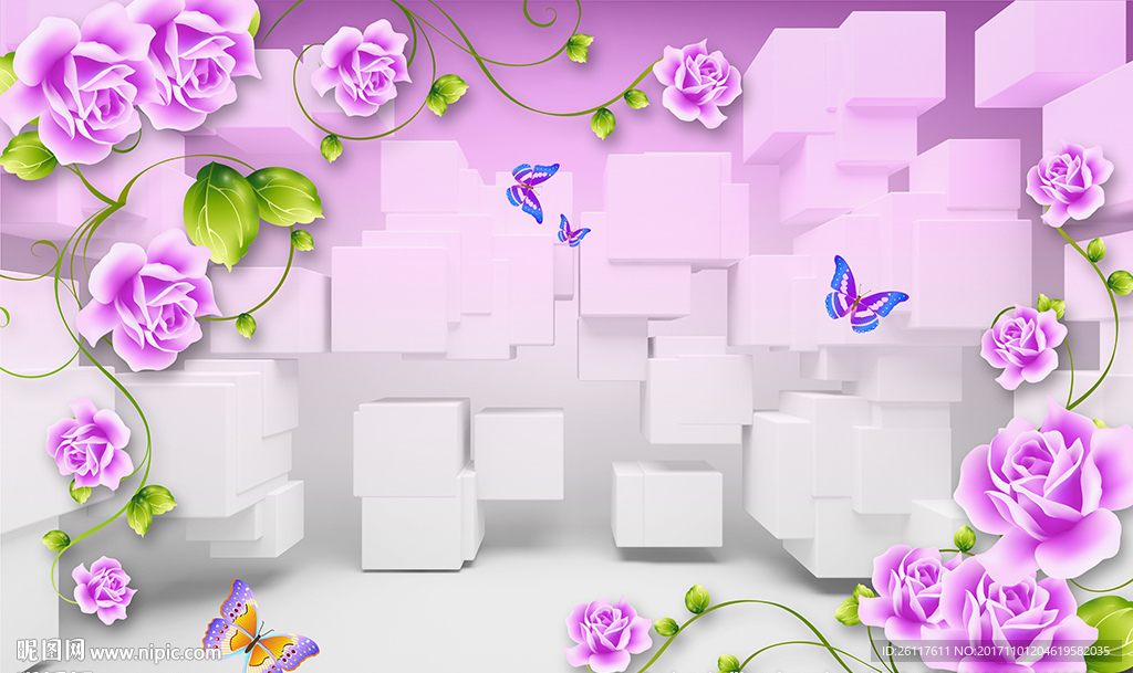 现代玫瑰蝴蝶3D砖墙电视背景墙