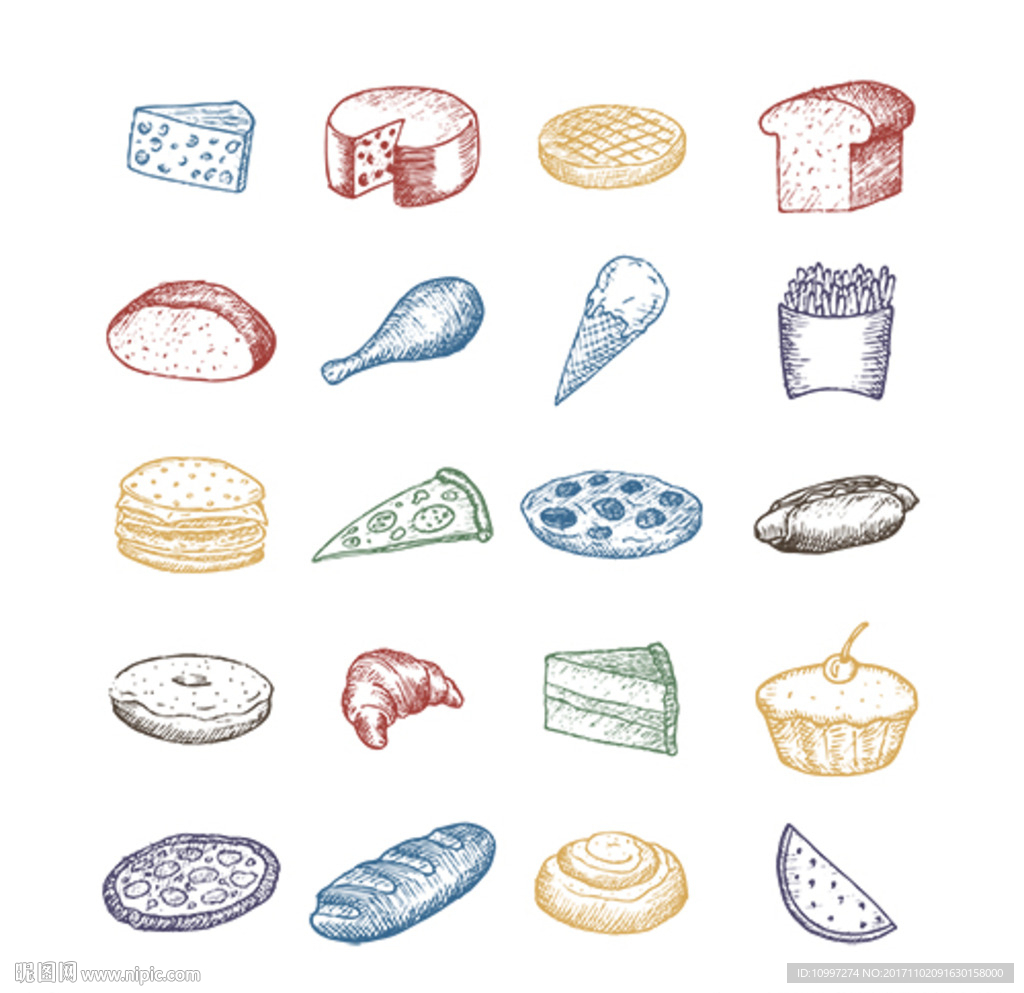 矢量线稿风格手绘面包