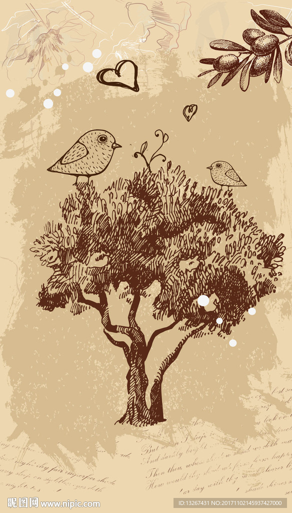 复古手绘花鸟植物插画矢量素材