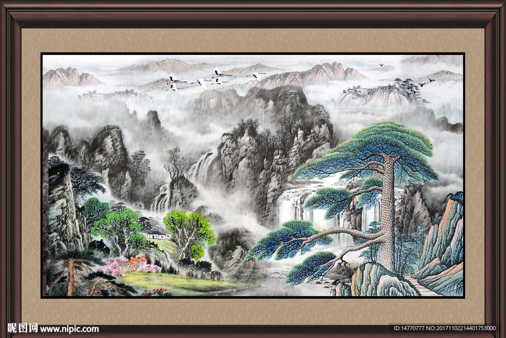 山水国画迎客松