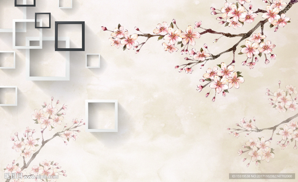 现代简约粉梅花中式背景墙