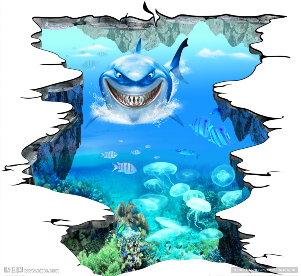 海洋鲨鱼3D地贴