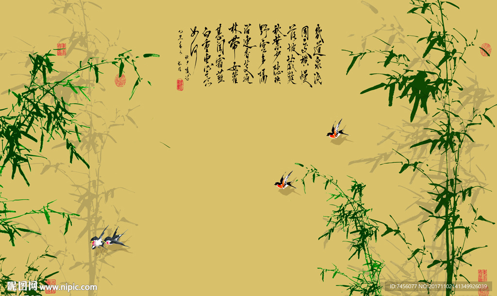 水墨竹中式背景墙