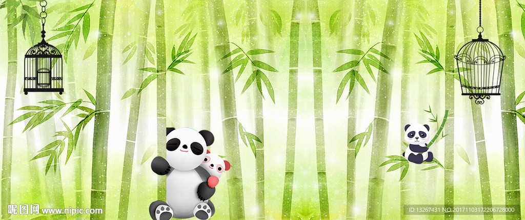 水彩竹林熊猫装饰画