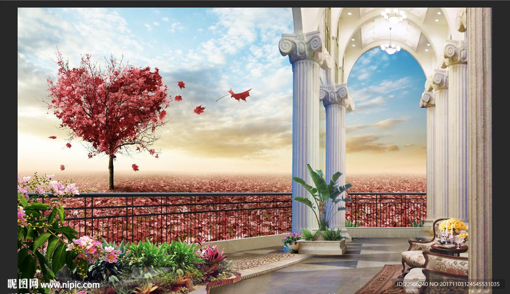 梦幻3d立体欧式风景罗马柱背景
