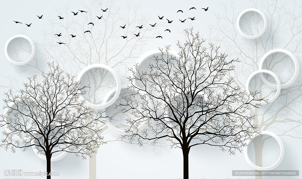 简约小树圈圈小鸟电视背景墙