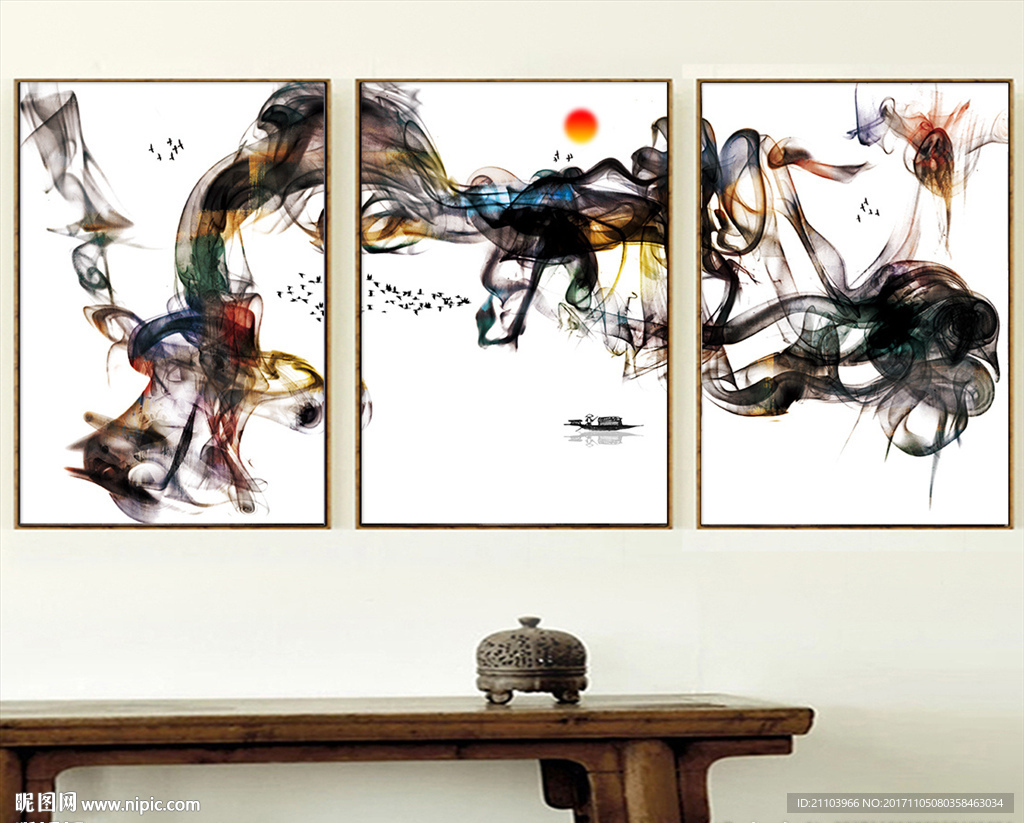 新中式水墨山水线条客厅装饰画