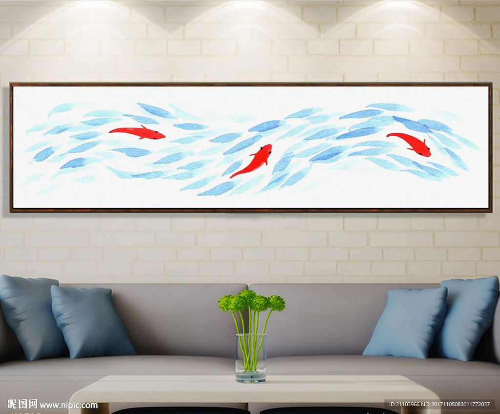 欧式水彩蓝色鱼群横幅装饰画