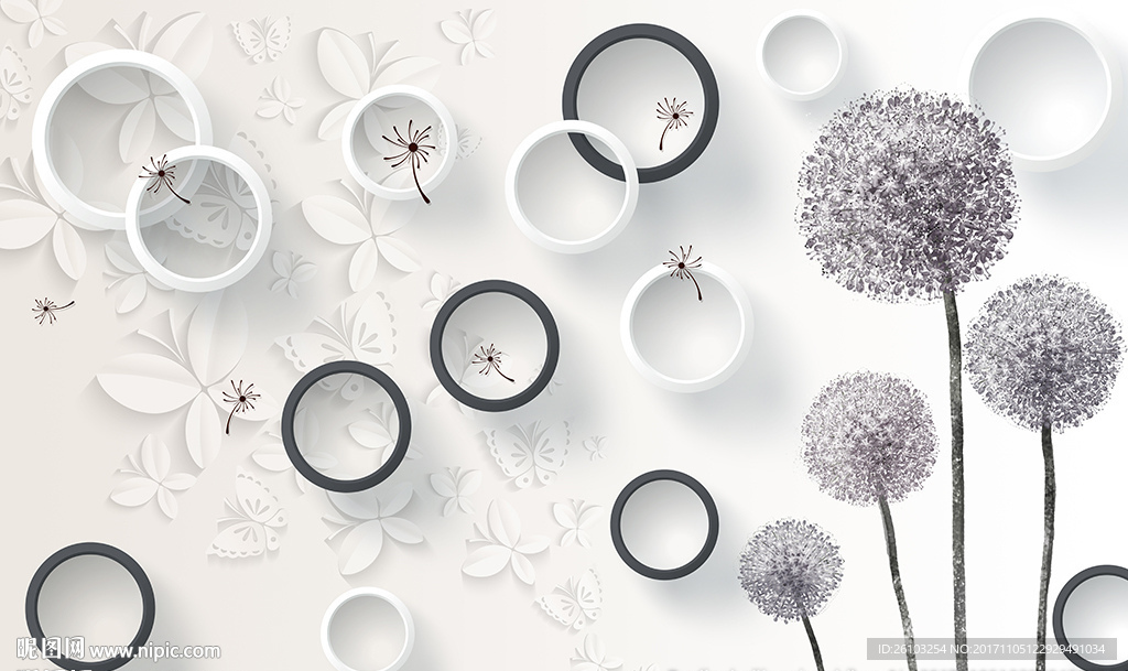简约蒲公英蝴蝶圈圈电视背景墙