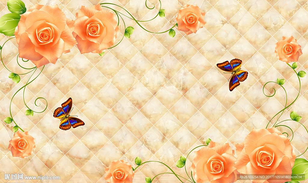 现代玫瑰蝴蝶软包电视背景墙