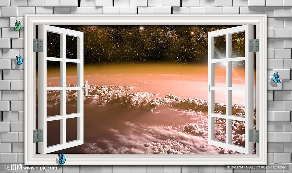 3D窗外梦幻彩云电视背景墙