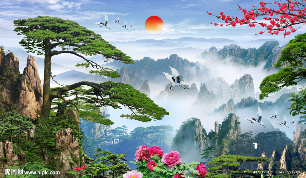 迎客松牡丹仙鹤