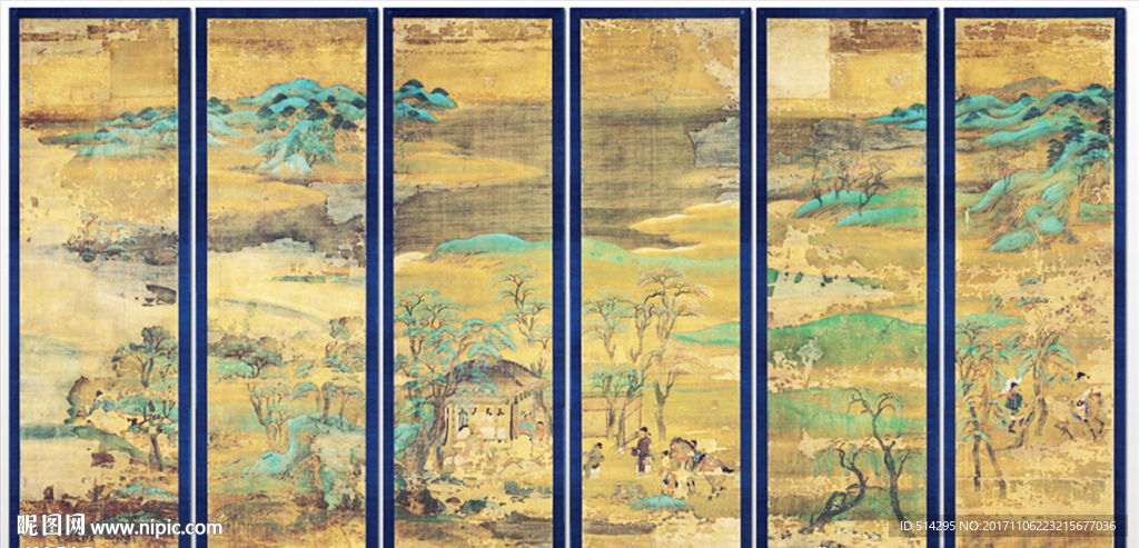 高清皇家国画山水六条屏家居办公