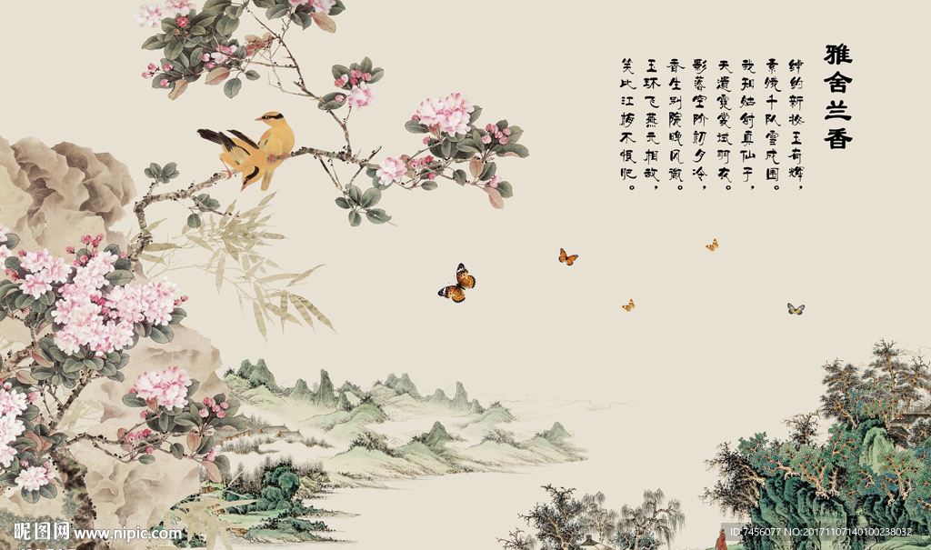 水墨风景画花鸟背景墙