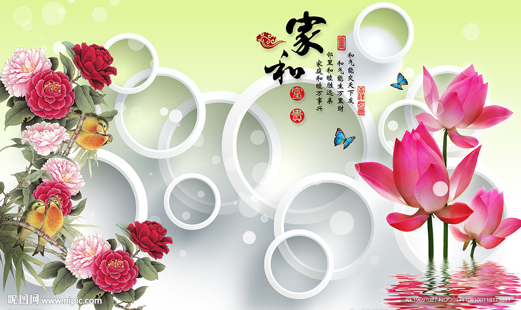3d圆圈牡丹荷花电视背景墙