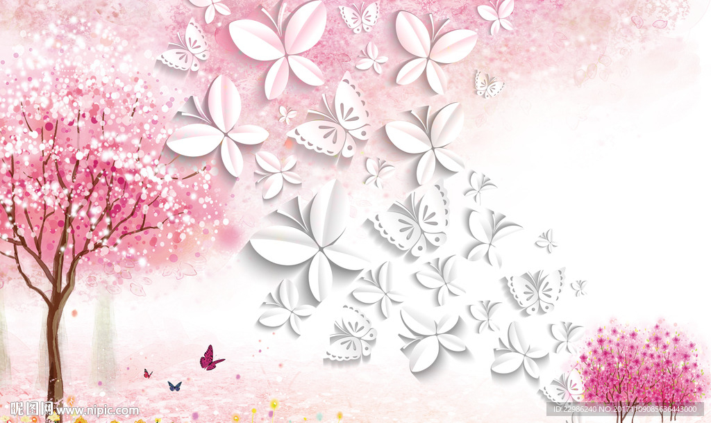 浪漫立体蝴蝶手绘树背景墙壁画图