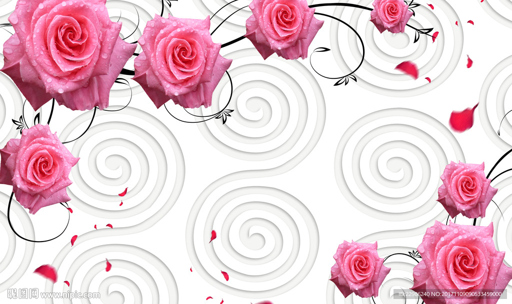 3D立体圆圈玫瑰花背景墙壁画