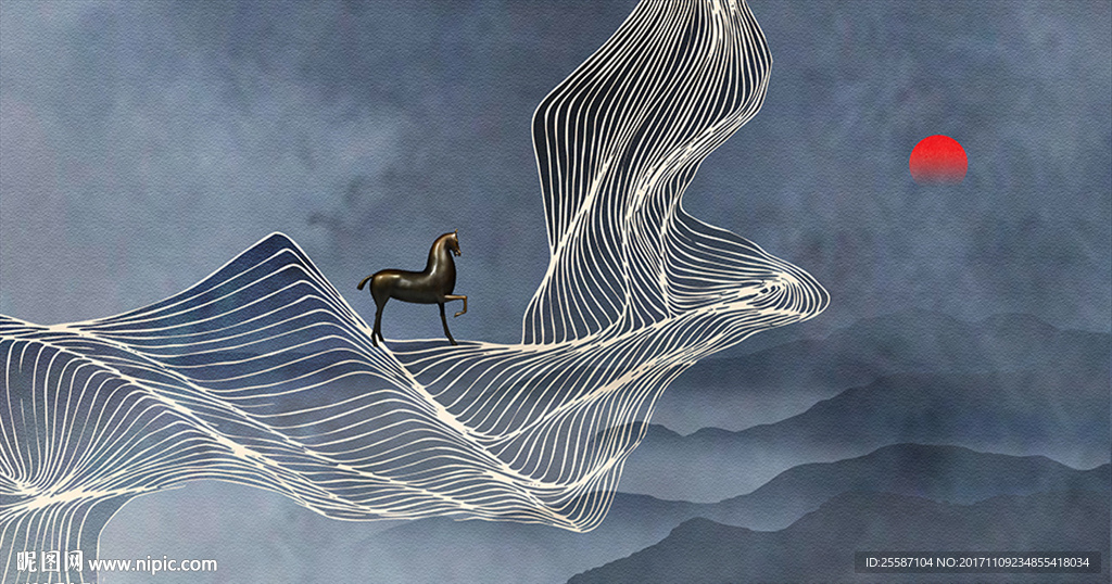 新中式抽象线条意境山水风景壁画