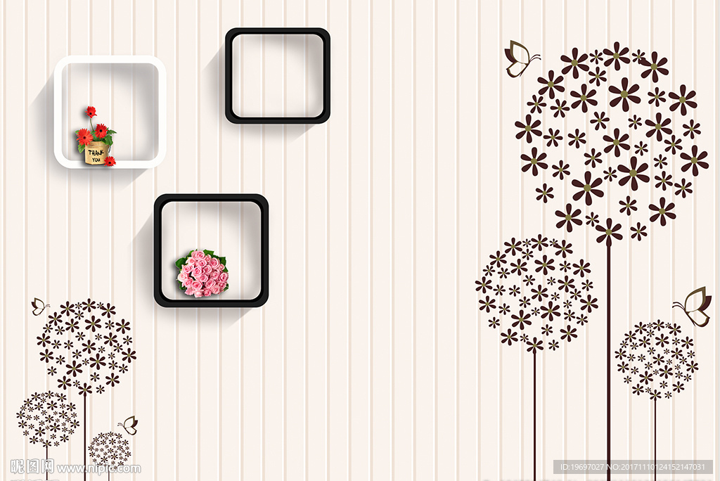 3d竖条纹蒲公英方框背景墙